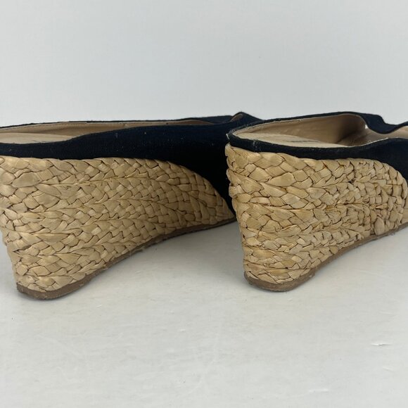 Laundry List Wedge Sandals Size 8.5 EU 39 Black Beige Fabric Heel 3.5in Open Toe - Picture 4 of 6